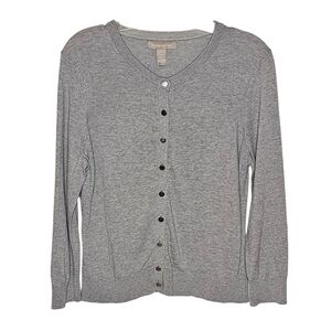 BR Silk Cotton Heather Grey Classic Crewneck Cardigan Silver Buttons Large Petit